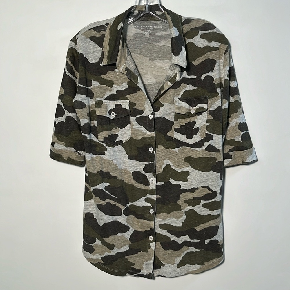 Majestic Filatures Du Lion Casual City 100% Linen Camo Elbow Button Down Top S